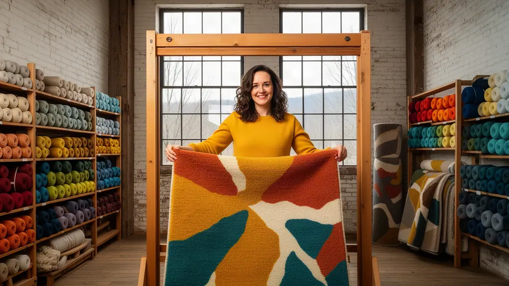 A smiling rug maker holding up a colorful hand-tufted rug in front of a wooden frame, walls of yarn on both sides.